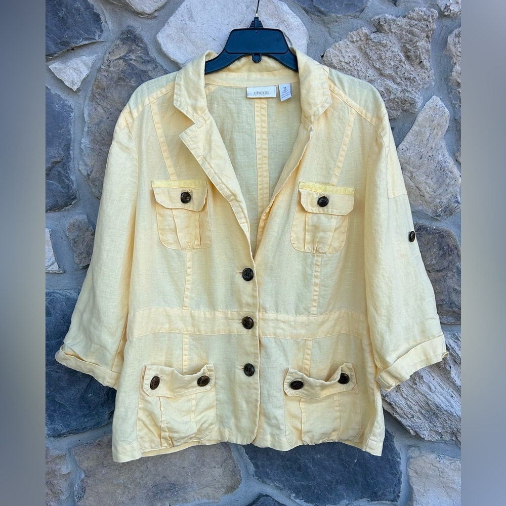 Chicos Linen Jacket Sz 3 (XL) Butter Yellow Coastal Casual Lightweight Spring